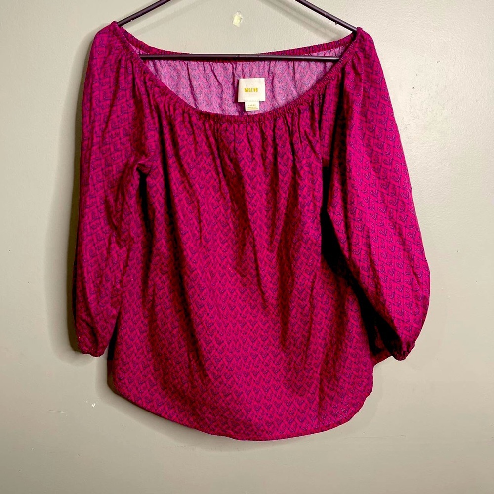 Anthropologie Maeve Peasant‎ Top Maiden Off the Shoulder L Red Raspberry Floral